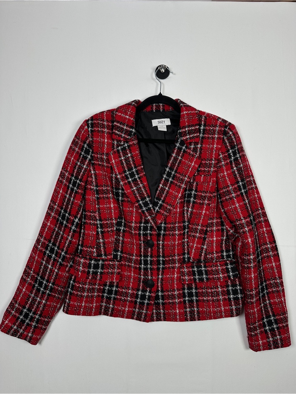 Suzy Shier Plaid Tweed Cropped Blazer Red Black Size L